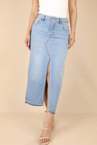 Falda midi jean celeste